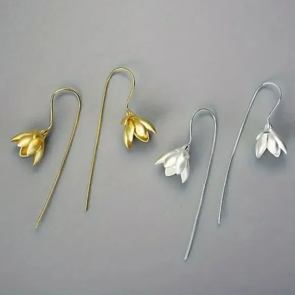 Retro Style Magnolia Earrings Gold or Silver Plated Fashion Jewelry - Picture 3 of 5